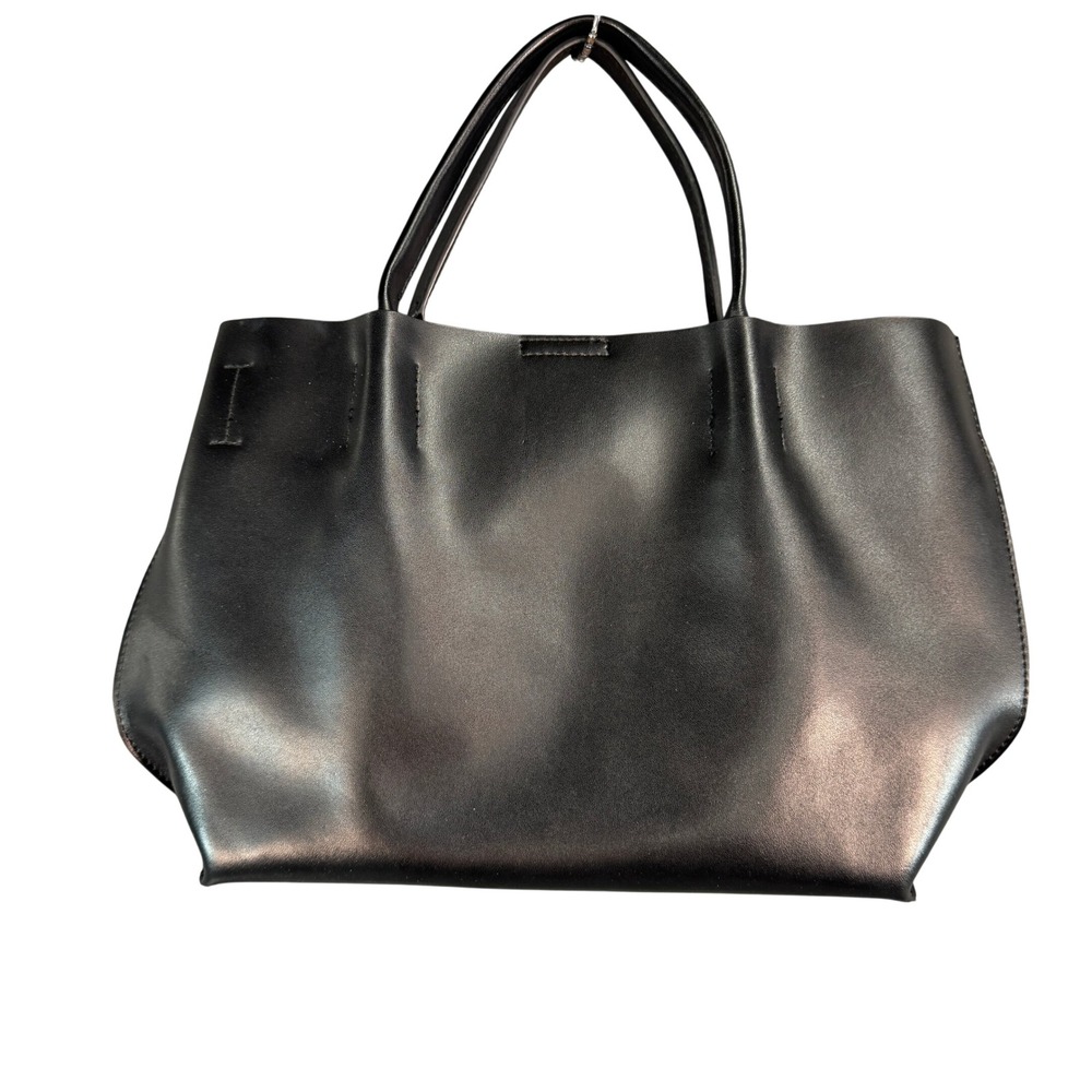 Colab Black Leather Tote Bag Minimalist Top Handle Handbag Chevron Lining